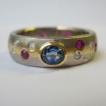 Pink and blue sapphire and diamond striped 18ct gold ring hand made in Edin