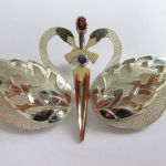 Sapphire Ruby And Balck Diamond Swan Brooch In Sterling Silver And Gold.